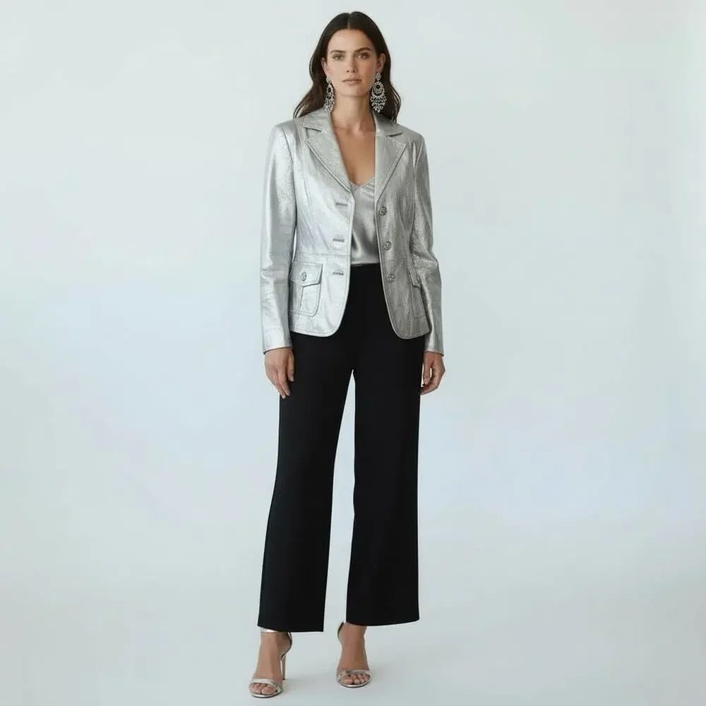 BRADLEY Elegant Silver Metallic Leather Oversize Rhinestone Buttons Jacket M